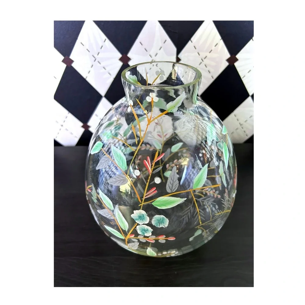 Anthropologie Bella Handpainted Floral Glass Vase Large 9.5 Inch